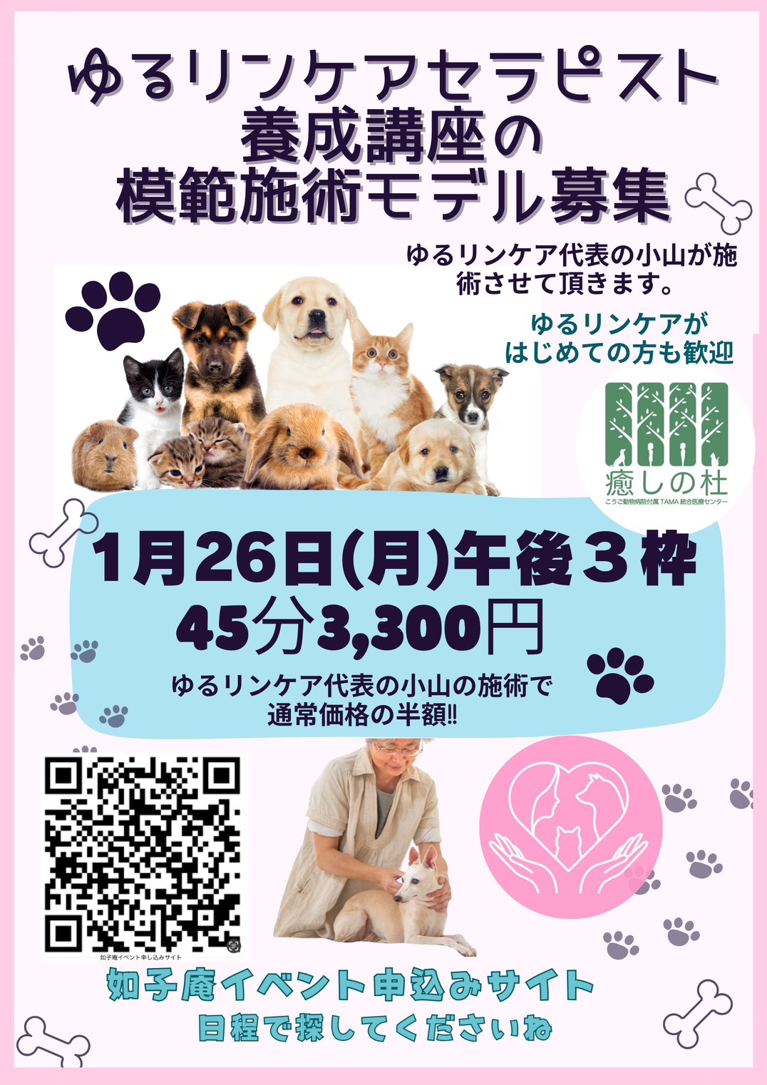 セラピスト養成講座13期・模範施術講義のモデルを募集します。（ペット対象）